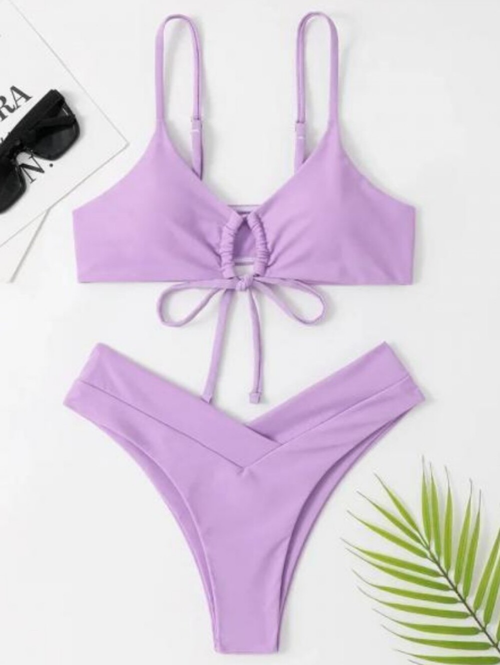 Shein Lilac Purple Front-tie High-waisted Bikini Swimsuit